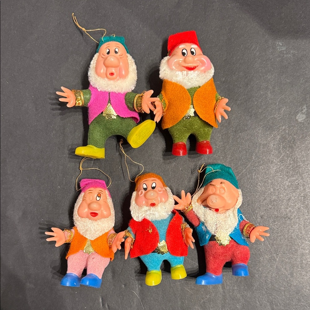 Vintage flocked Seven Dwarfs Christmas ornaments Snow White (5 of the dwarfs)